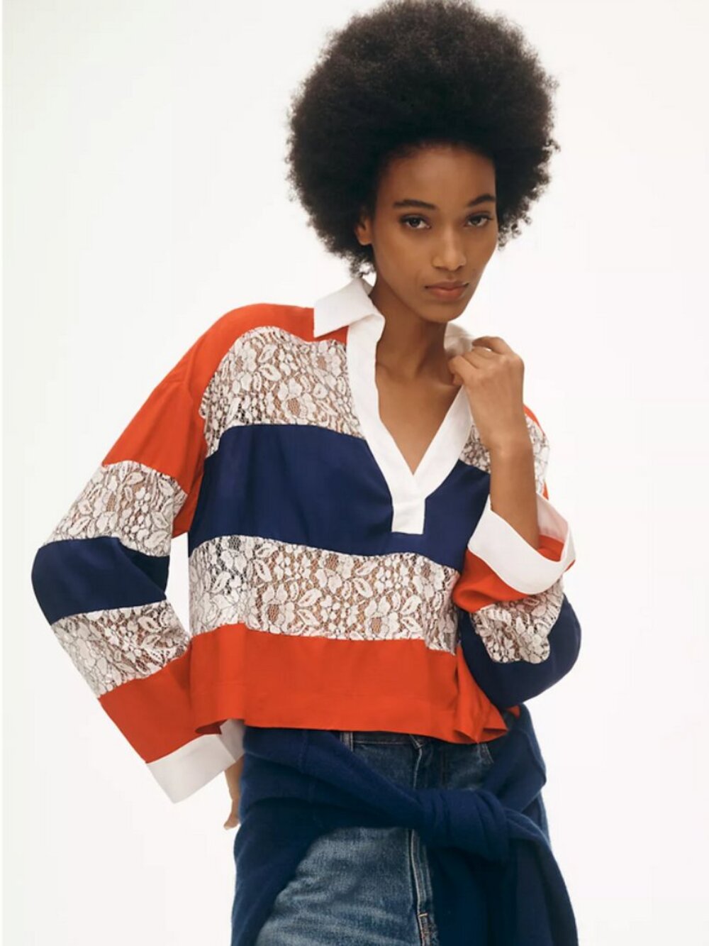 Maeve Long-Sleeve Lace Paneled Rugby Top